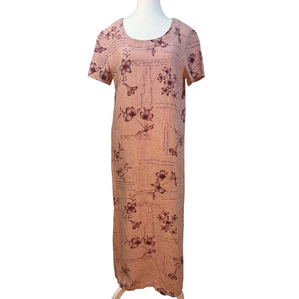 Sweet Jessie Dress L Petite Pink Linen Floral Script Short Sleeve Maxi Relaxed